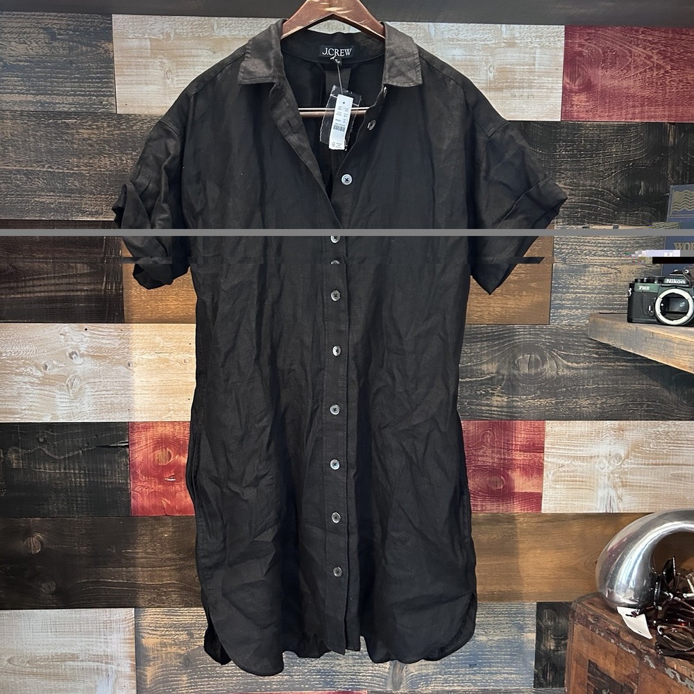 NWT J Crew Short Sleeve Button Front Dress Linen Black Medium Belted